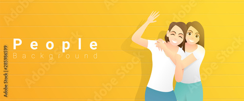 Friendship concept with two young happy women hugging and standing on yellow background , vector , illustration