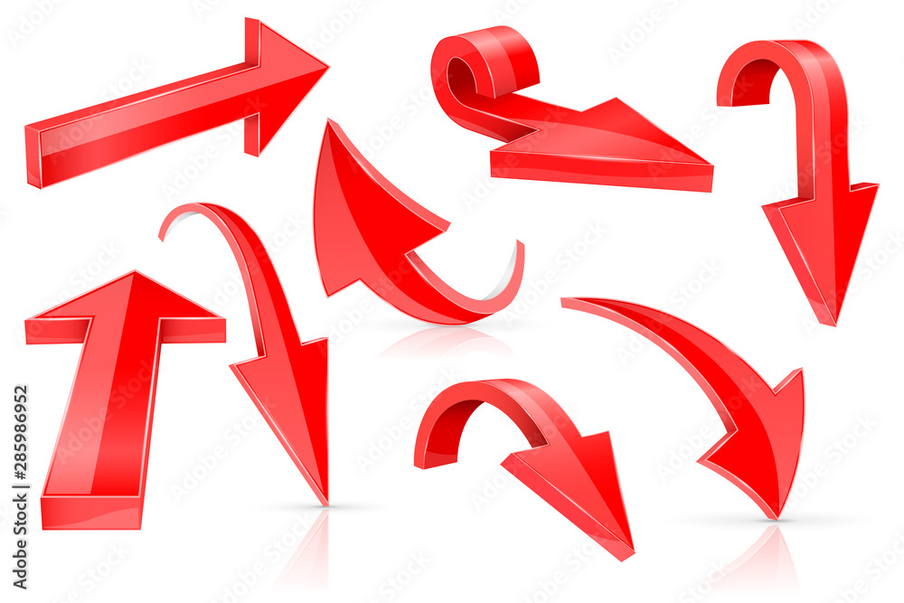 Down and up 3d arrows. Red signs with reflection Down and up 3d arrows. Red signs with reflection