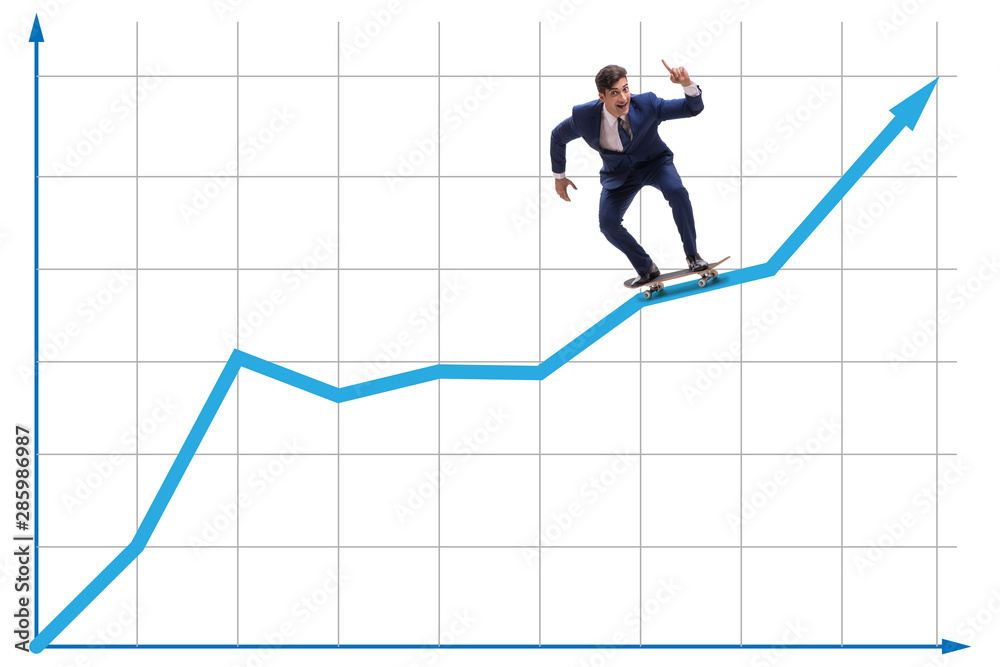 Businessman riding skateboard on financial graph Businessman riding skateboard on financial graph