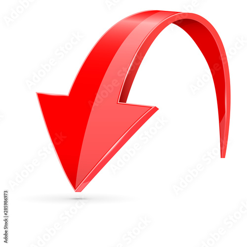 Down 3d arrow. Red sign with reflection
