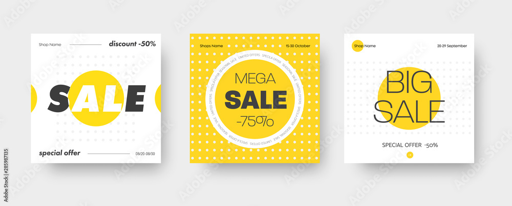 Set of vector square web banners for big sale with round yellow and white elements. - obrazy, fototapety, plakaty 