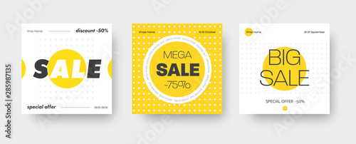 Set of vector square web banners for big sale with round yellow and white elements.