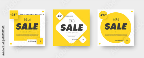 Design square white banners for sale with a yellow square, rhombus and circle on the background.