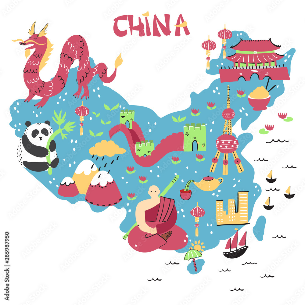 Hand drawn map of China with main sightseeings, famous places or tourist sights. Best design for touristic travel guide, poster, flyer or other apparel design.