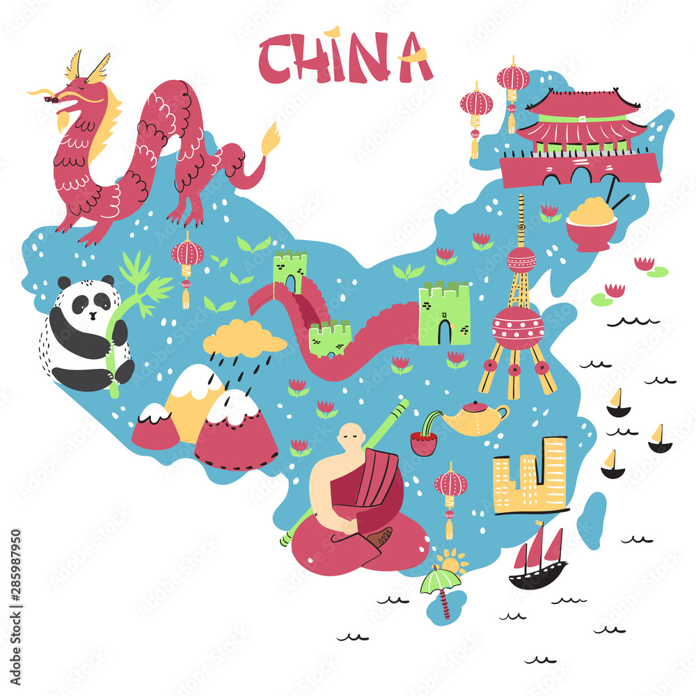 Obraz premium Hand drawn map of China with main sightseeings, famous places or tourist sights. Best design for touristic travel guide, poster, flyer or other apparel design.