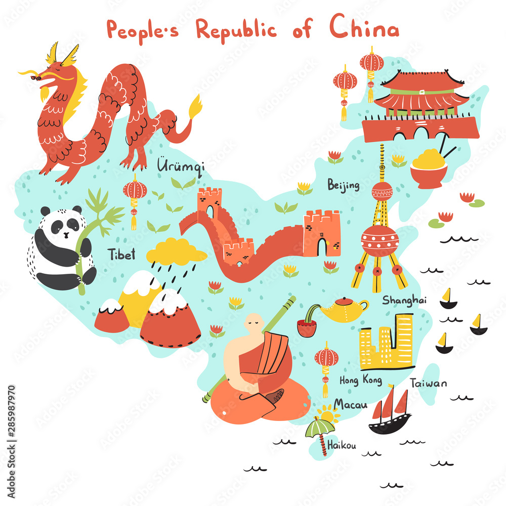 Obraz premium Hand drawn map of People's Republic of China with main sightseeings, famous places or tourist sights. Best design for touristic travel guide, poster, flyer or other apparel design.