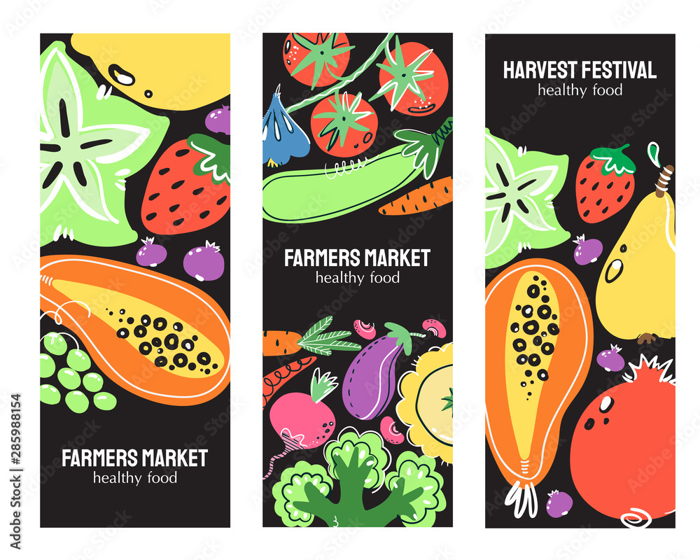 Vegetables and fruits food hand drawn banner set. Healthy meal, diet or nutrition. Organic food restaurant and support farmers market concept. Fresh food illustrations with text area.