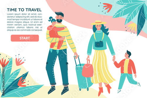 Family traveling together with luggage. Mother, father and children go on vacation on vector colorful banner. Parents with children have fun together.