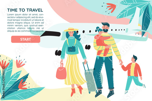 Family traveling together with luggage and plane on the backdrop. Mother, father and children go on vacation on vector colorful banner. Parents with children have fun together.