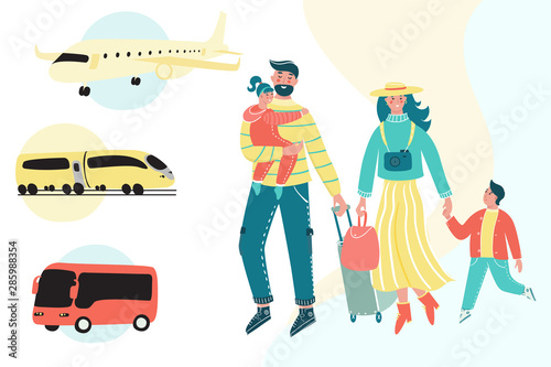 Family traveling together with luggage and plane, train and bus on the backdrop. Mother, father and children go on vacation. Parents with children have fun together.