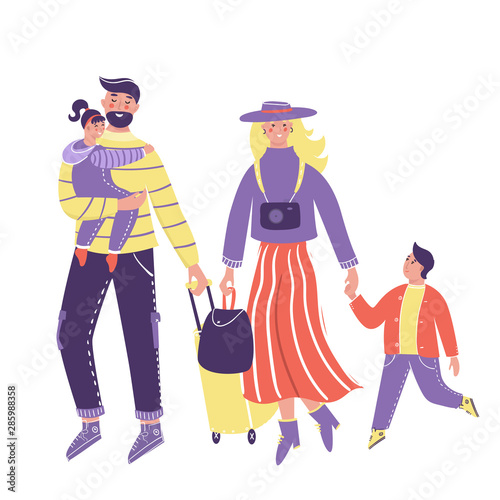 Family traveling together with luggage on isolated background. Mother, father and children go on vacation. Parents with children have fun together.