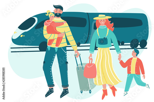 Family traveling together with luggage and train on the backdrop. Mother, father and children go on vacation. Parents with children have fun together.