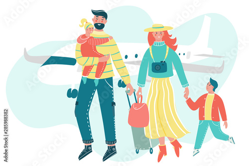 Family traveling together with luggage and plane on the backdrop. Mother, father and children go on vacation. Parents with children have fun together.