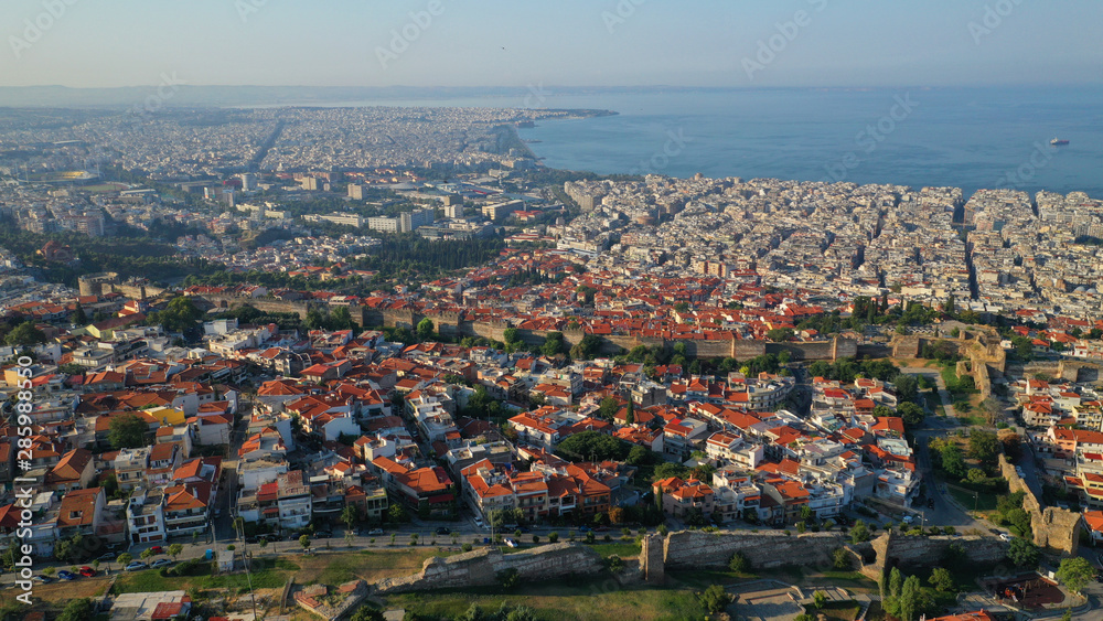 Obraz premium Aerial drone photo of iconic byzantine Eptapyrgio or Yedi Kule medieval fortress overlooking city of Salonica or Thessaloniki, North Greece