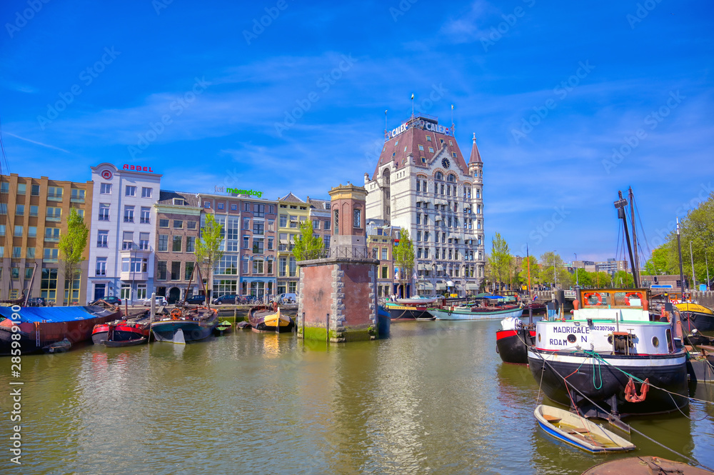Rotterdam, Netherlands - April 29, 2019 - The canals and waterways in Rotterdam, the Netherlands on a sunny day.