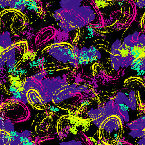 Vector abstract hand drawn brush strokes seamless pattern, neon paint splashes