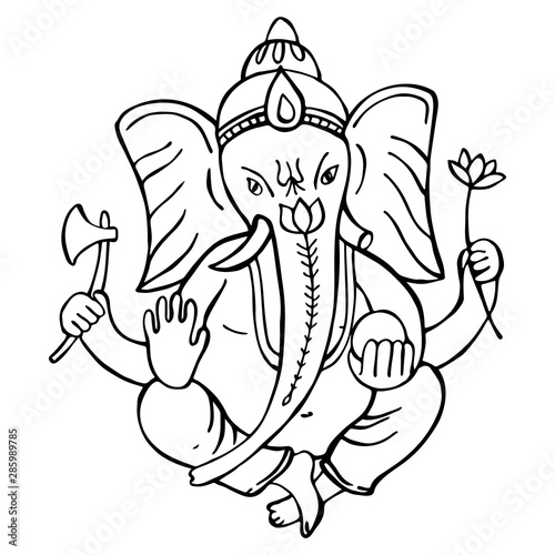  Hand drawn Ganesha on white  background. Sketch illustration