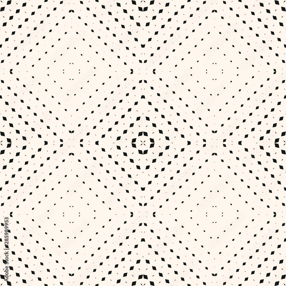 Vector geometric seamless pattern with small rhombuses, radial halftone squares
