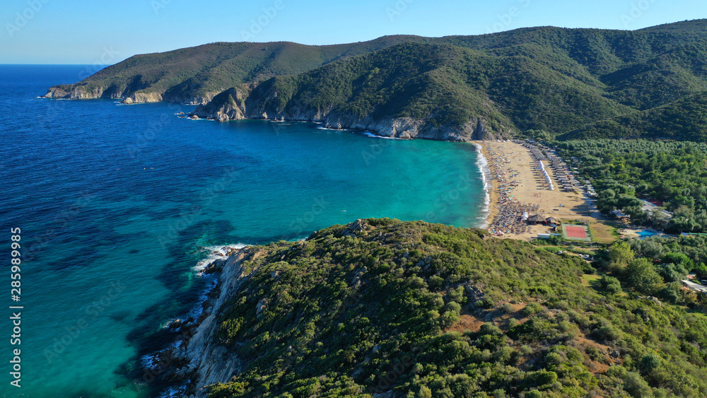 Aerial drone photo of famous emerald sandy beaches of Kalamitsi in South Sithonia peninsula, Halkidiki, North Greece