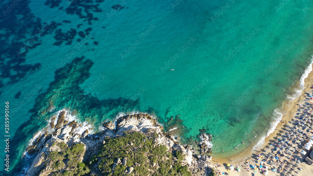 Aerial drone photo of famous emerald sandy beaches of Kalamitsi in South Sithonia peninsula, Halkidiki, North Greece