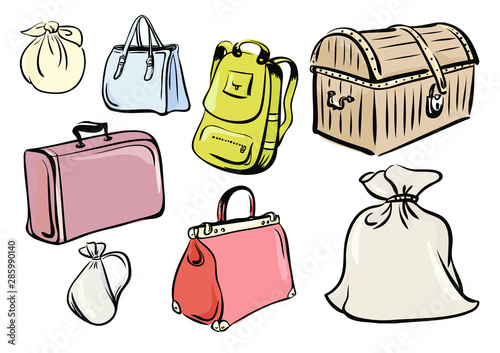 Hand drawn doodle set of travel bags