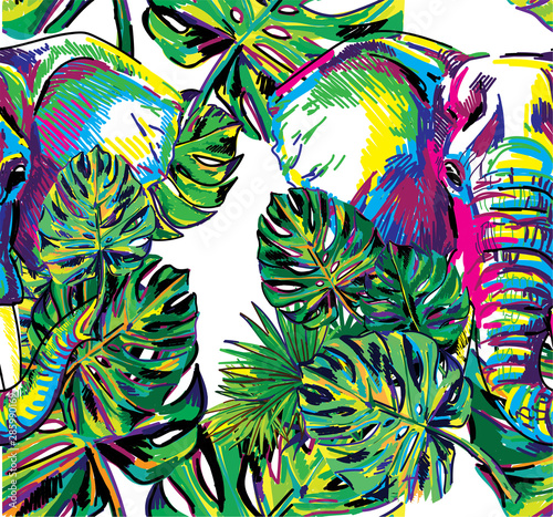 Seamless pattern with elephants and tropical leaves. Juicy colorful background, summer.
