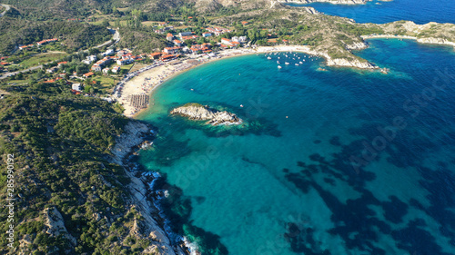 Aerial drone photo of famous emerald sandy beaches of Kalamitsi in South Sithonia peninsula  Halkidiki  North Greece