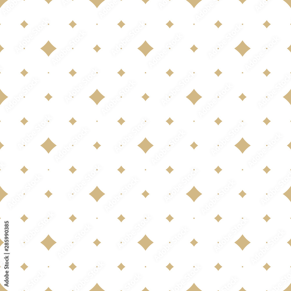 Golden vector seamless pattern with small diamond shapes, stars, rhombuses, dots. Abstract gold and white geometric texture. Simple minimal repeat background. Subtle luxury design for decor, wallpaper