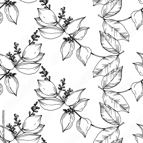 Vector Tropical flowers and leaves isolated. Black and white engraved ink art. Seamless background pattern.
