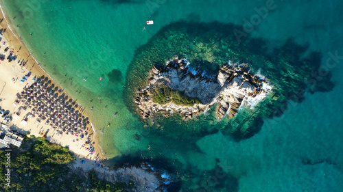 Aerial drone photo of famous emerald sandy beaches of Kalamitsi in South Sithonia peninsula, Halkidiki, North Greece