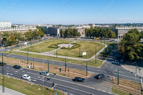 Kraków, Poland. Aerial panorama of Ronald Reagan Central Square in Nowa Huta. One of two entirely planned and build socialist realist towns in the world. Originally the town, now a district of Cracow