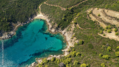 Aerial drone photo of secluded turquoise sandy beaches of South Sithonia peninsula, Halkidiki, North Greece