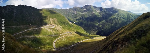 Amazing landscape in the mountains during summertime. View of the Transfagarasan Road and Cota 2000 Salvamont Hut