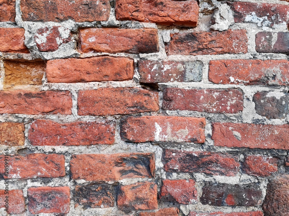Fototapeta premium Fragment of an old bricked wall with cement joints. Background