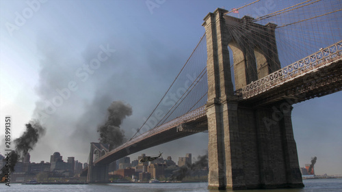 New York City and brooklyn bridge under attack with smoke Illustration