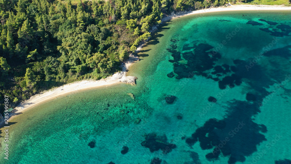 Aerial drone photo of secluded turquoise sandy beaches of South Sithonia peninsula, Halkidiki, North Greece