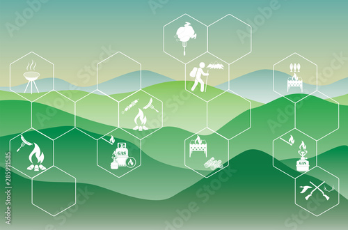 Poster with Set of travel and camping equipment icons