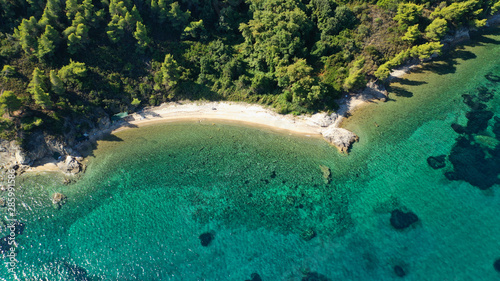 Aerial drone photo of secluded turquoise sandy beaches of South Sithonia peninsula  Halkidiki  North Greece