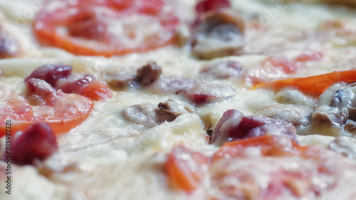 Delicious pizza with sausage, ham, mushrooms, tomatoes and mozzarella.