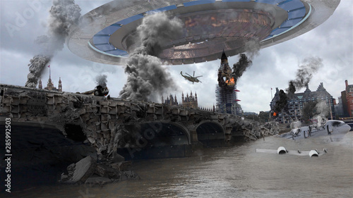 Obraz na plátně Alien Spaceship Invasion Over Destroyed London City Illustrattion