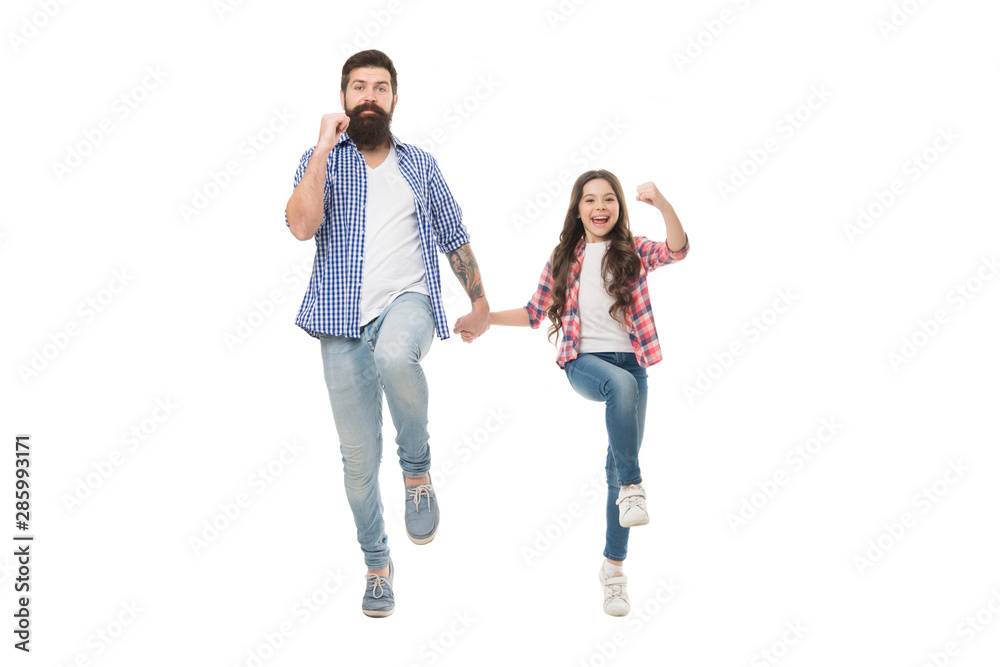 On same wave concept. Bearded father and small child walking or running together. Move on. Lets move. Kid and dad cheerful friends in motion. Move in same direction. Following fathers example On same wave concept. Bearded father and small child walking or running together. Move on. Lets move. Kid and dad cheerful friends in motion. Move in same direction. Following fathers example