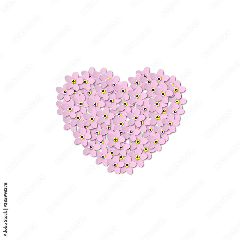 Pink Forget-me-not Flowers on a white background. Heart shaped design in the center. Paper Cut Vector illustration