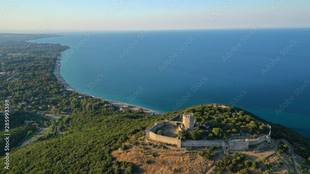 Aerial drone view of iconic and historic medieval castle of Platamonas built in the slopes of Mount Olympus in Pieria area, North Greece