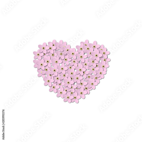 Pink Forget-me-not Flowers on a white background. Heart shaped design in the center. Paper Cut Vector illustration