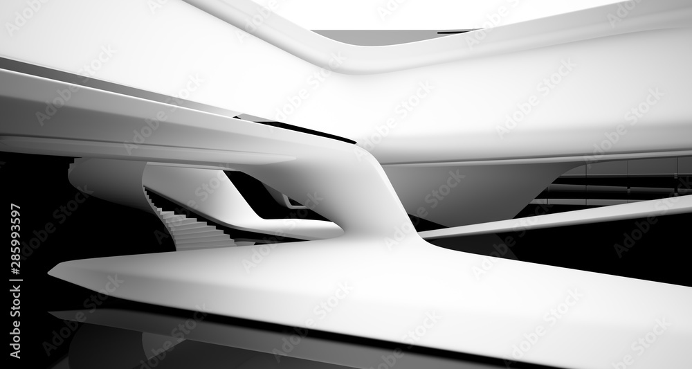 Abstract smooth architectural white and black gloss interior of a minimalist house with large windows. 3D illustration and rendering. Abstract smooth architectural white and black gloss interior of a minimalist house with large windows. 3D illustration and rendering.