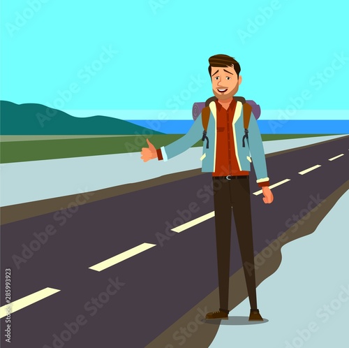 Vector. Hitchhiking road travel concept. Vector illustration