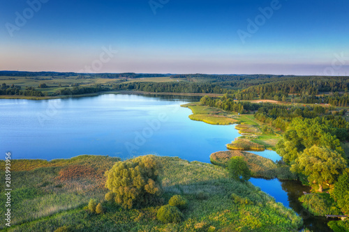 Elk River estuary to the Lake Haleckie. Aerial view. Masuria, Poland.