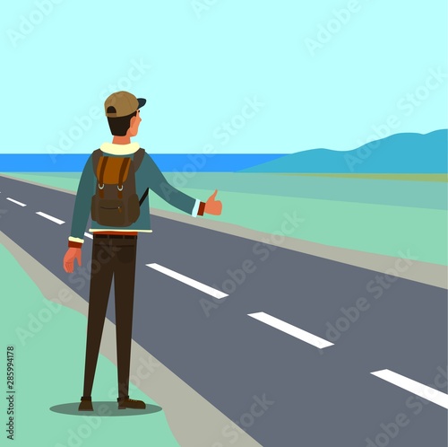 Vector. Hitchhiking road travel concept. Vector illustration
