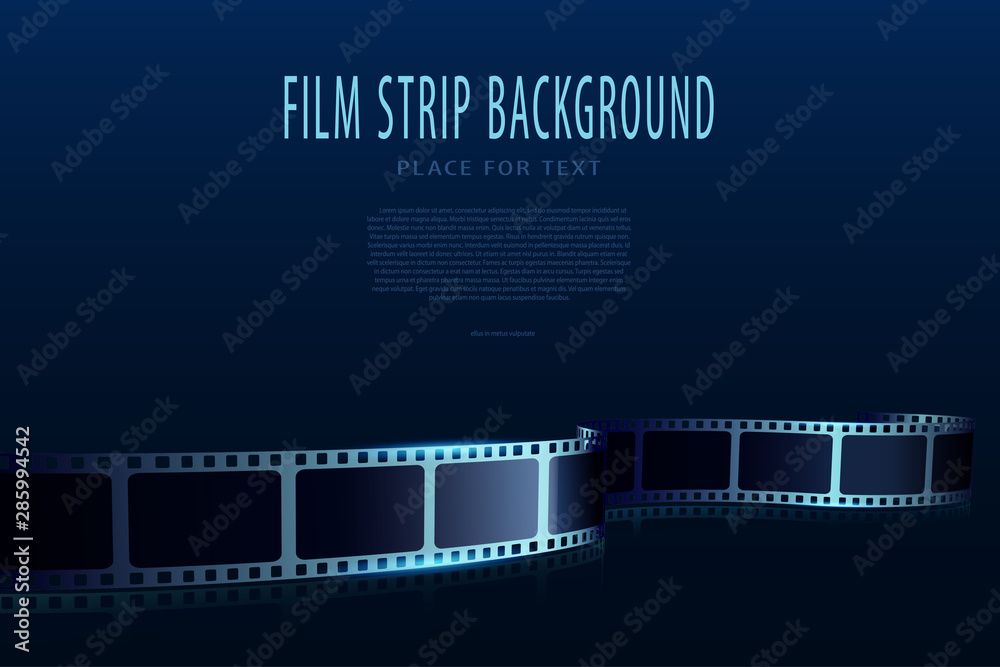 Modern film strips in waveform. Cinema vector poster design template. 3d flyer or poster festival isolated on blue background. Movie time background. Cinematography concept of film industry
