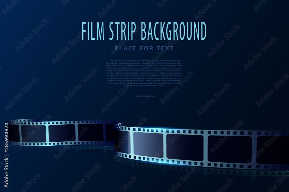 Real film strips in waveform. Cinema vector poster design template. 3d flyer or poster festival isolated on blue background. Movie time background. Cinematography concept of film industry